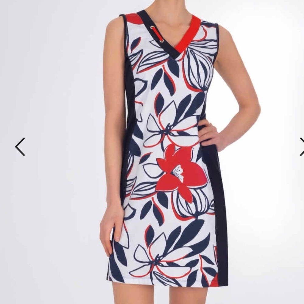 Dolcezza Chic Floral V-Neck Dress in Navy, Red &White Size XS